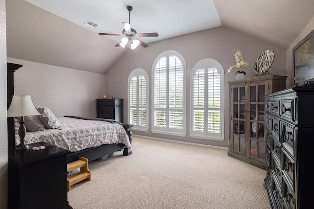 376 Sweet Gum Dr, Kyle, TX 78640 - bedroom featuring lofted ceiling, light colored carpet, and ceiling fan