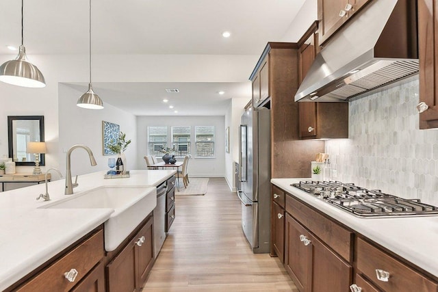 kitchen with ventilation hood, a sink, light wood-style flooring, appliances with stainless steel finishes, and backsplash