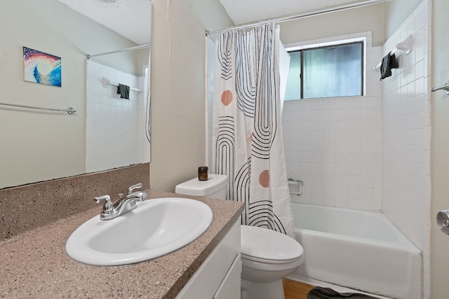 full bath with toilet, shower / tub combo with curtain, and vanity