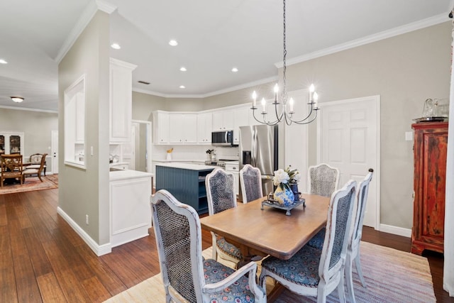 109 Lost Spur, Horseshoe Bay, TX 78657 - dining space with recessed lighting, ornamental molding, dark wood-style floors, and a chandelier