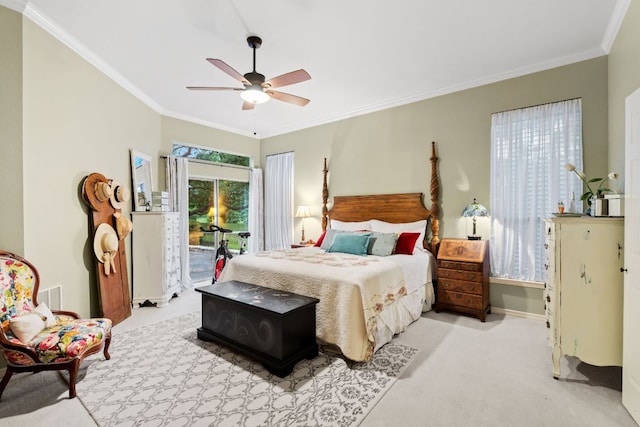 109 Lost Spur, Horseshoe Bay, TX 78657 - carpeted bedroom with access to exterior, crown molding, a ceiling fan, and baseboards