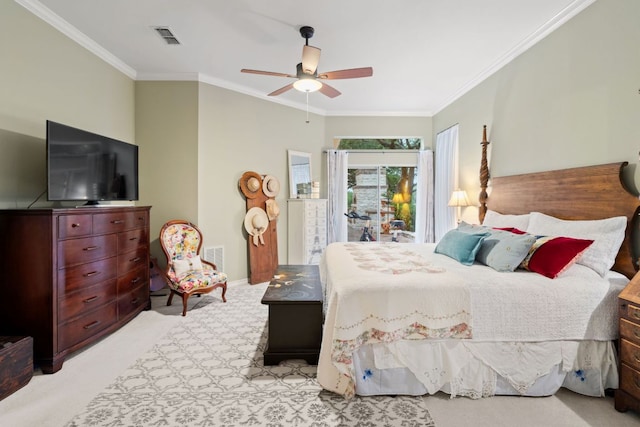 109 Lost Spur, Horseshoe Bay, TX 78657 - bedroom with crown molding, light colored carpet, access to exterior, baseboards, and visible vents