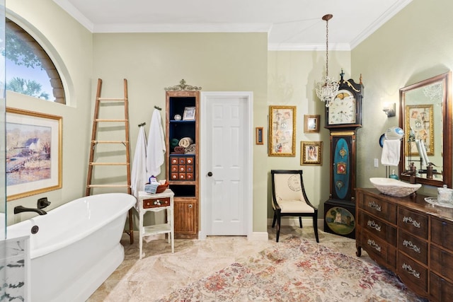 109 Lost Spur, Horseshoe Bay, TX 78657 - bathroom with a freestanding tub, ornamental molding, vanity, a chandelier, and baseboards