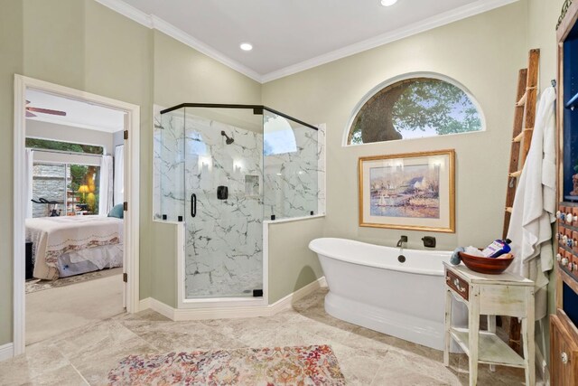 109 Lost Spur, Horseshoe Bay, TX 78657 - full bath with crown molding, ensuite bath, a marble finish shower, marble finish floor, and a soaking tub