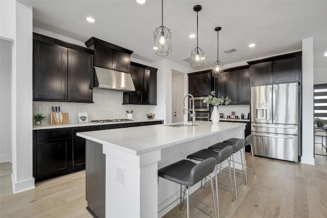 kitchen with visible vents, under cabinet range hood, a sink, appliances with stainless steel finishes, and backsplash