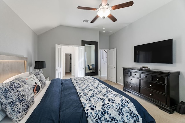 bedroom featuring high vaulted ceiling, ceiling fan, light carpet, and visible vents