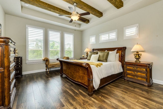 207 Vista Village Cv, Lakeway, TX 78738 - bedroom featuring dark wood finished floors, beam ceiling, and a ceiling fan