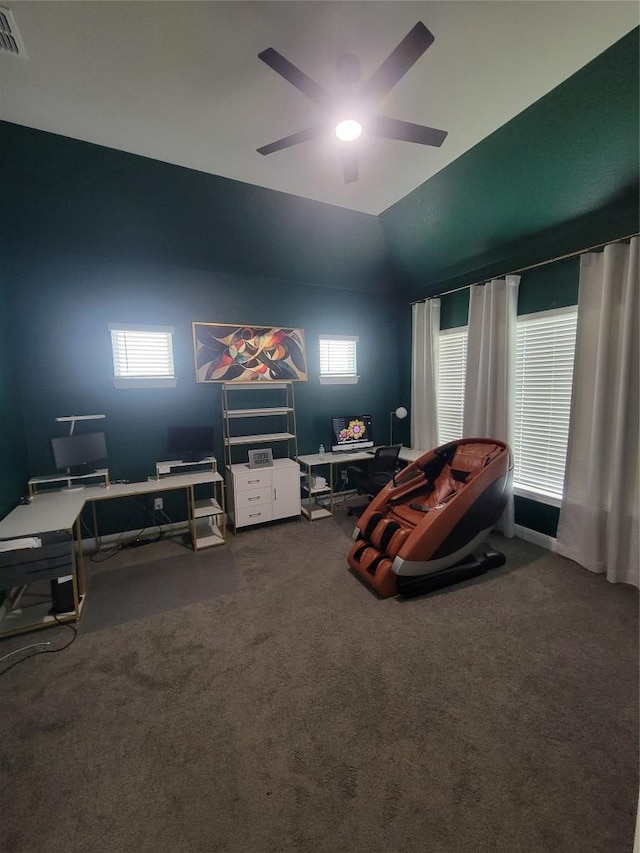 bedroom featuring carpet floors, ceiling fan, and visible vents