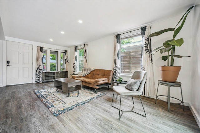 living room with recessed lighting, baseboards, and wood finished floors