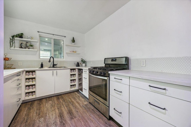 kitchen with open shelves, a sink, gas range, and tasteful backsplash