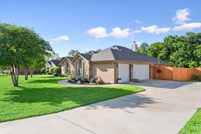 view of front of property featuring fence, an attached garage, a front lawn, a chimney, and driveway
