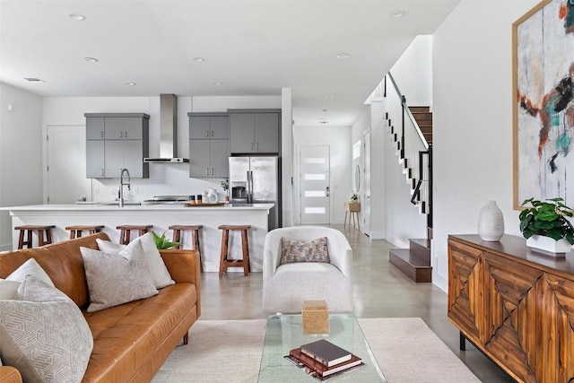5510 Woodrow Ave Unit 1, Austin, TX 78756 - living room with visible vents, stairs, concrete flooring, baseboards, and recessed lighting