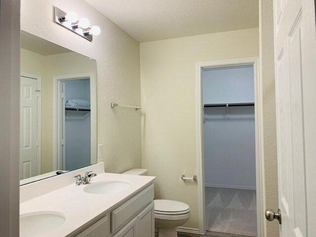 241 Cascata Way, Liberty Hill, TX 78642 - full bath with double vanity, toilet, a walk in closet, and a textured ceiling