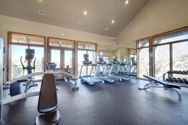 19020 Fernando Trl, Austin, TX 78738 - workout area with french doors, recessed lighting, and high vaulted ceiling