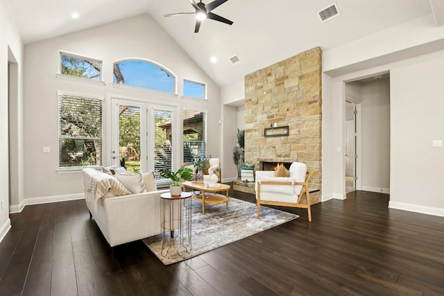 10408 Nicolet Way, Austin, TX 78717 - living room featuring ceiling fan, dark wood-style floors, high vaulted ceiling, a fireplace, and baseboards