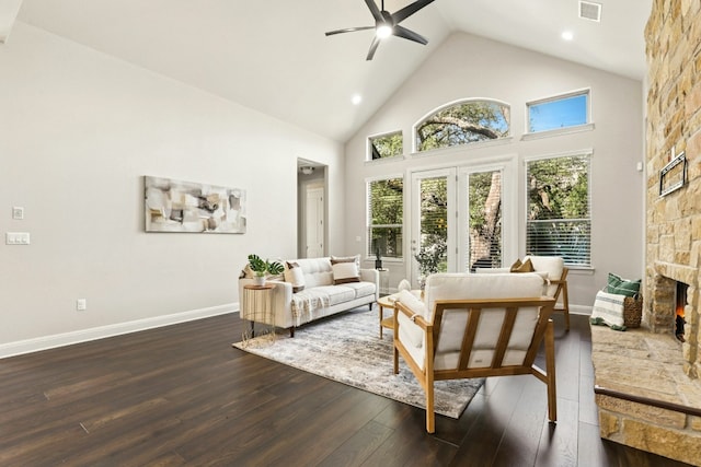 10408 Nicolet Way, Austin, TX 78717 - living room featuring a fireplace, a ceiling fan, dark wood-style floors, high vaulted ceiling, and recessed lighting
