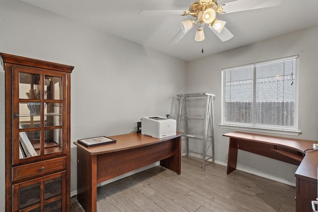 home office featuring a ceiling fan, baseboards, and light wood-style flooring