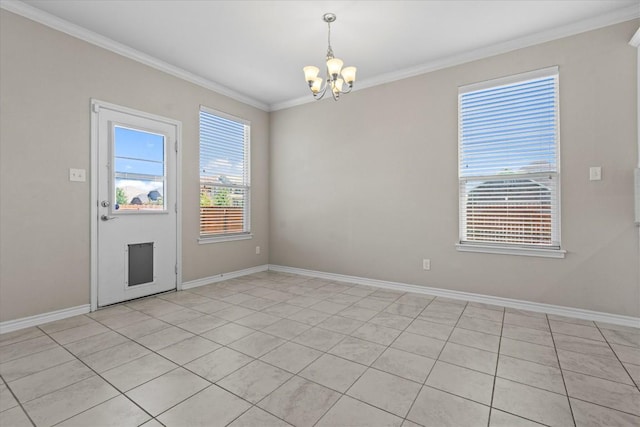 spare room with baseboards, a chandelier, ornamental molding, and light tile patterned floors