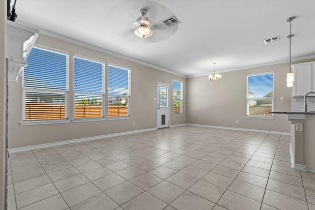 unfurnished living room featuring visible vents, crown molding, ceiling fan with notable chandelier, and light tile patterned floors