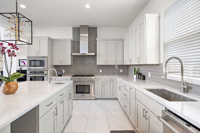 1304 High Lonesome, Leander, TX 78641 - kitchen featuring stainless steel appliances, a sink, wall chimney exhaust hood, light countertops, and recessed lighting