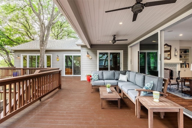 4801 Balcones Dr, Austin, TX 78731 - wooden deck featuring ceiling fan and outdoor lounge area
