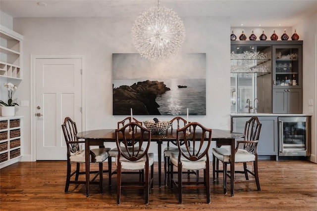 4801 Balcones Dr, Austin, TX 78731 - dining space featuring wine cooler, dark wood-style flooring, a chandelier, and bar area