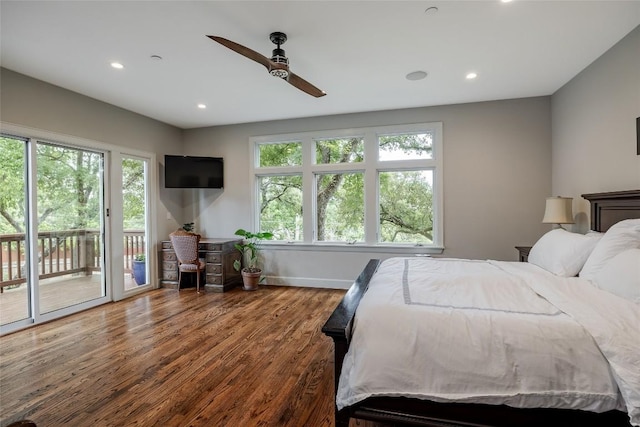 4801 Balcones Dr, Austin, TX 78731 - bedroom featuring access to exterior, wood finished floors, recessed lighting, baseboards, and ceiling fan