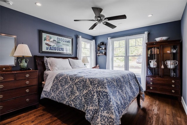 4801 Balcones Dr, Austin, TX 78731 - bedroom featuring dark wood-style floors, ceiling fan, and recessed lighting