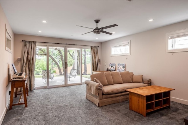 4801 Balcones Dr, Austin, TX 78731 - living room featuring recessed lighting, a ceiling fan, dark carpet, and baseboards