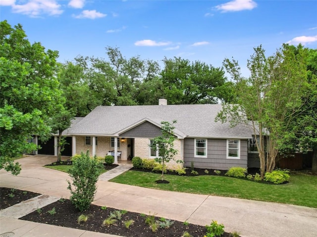 4801 Balcones Dr, Austin, TX 78731 - ranch-style home with a shingled roof, a chimney, a front yard, and concrete driveway