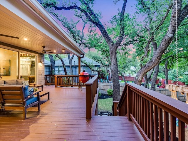 4801 Balcones Dr, Austin, TX 78731 - deck at dusk with a fenced backyard, an outdoor living space, and a grill