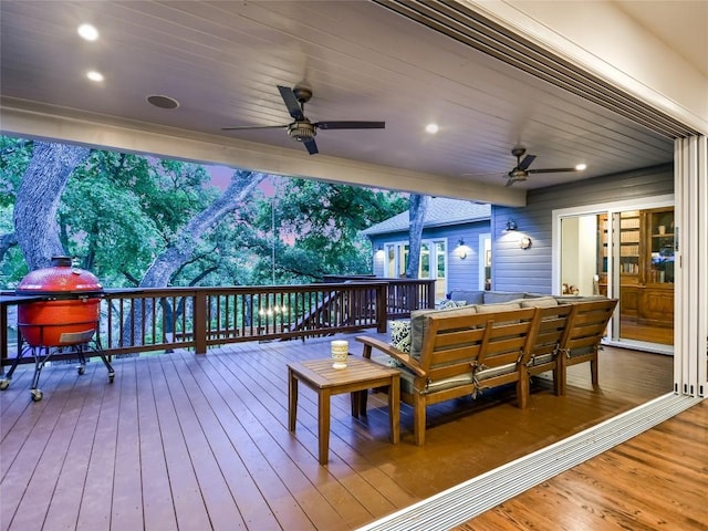 4801 Balcones Dr, Austin, TX 78731 - wooden deck with a ceiling fan and outdoor dining space