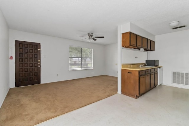 1402 Brown St, San Marcos, TX 78666 - kitchen featuring ceiling fan, light colored carpet, visible vents, light countertops, and a sink