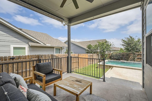 7808 Glover Dr, Austin, TX 78744 - balcony with ceiling fan, view of pool area, and outdoor lounge area