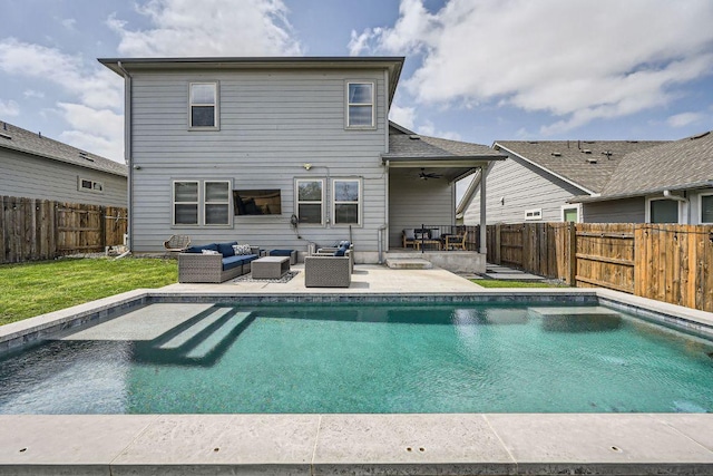7808 Glover Dr, Austin, TX 78744 - view of pool with an outdoor living space, ceiling fan, a fenced backyard, and a patio area
