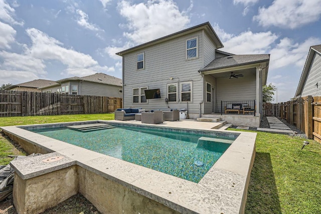 7808 Glover Dr, Austin, TX 78744 - rear view of property featuring an outdoor hangout area, a ceiling fan, a fenced backyard, and a patio area