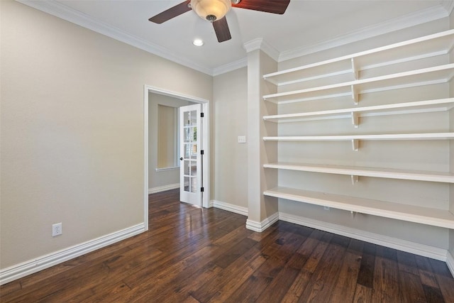 3109 Brigham Ct, Austin, TX 78732 - empty room with crown molding, wood finished floors, baseboards, recessed lighting, and a ceiling fan