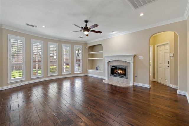 3109 Brigham Ct, Austin, TX 78732 - unfurnished living room featuring visible vents, dark wood-style flooring, and ceiling fan