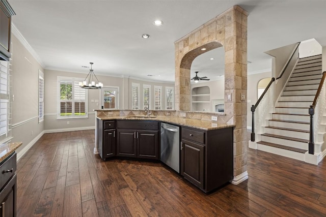 3109 Brigham Ct, Austin, TX 78732 - kitchen featuring crown molding, a sink, dark wood finished floors, and dishwasher
