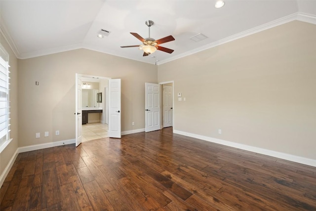 3109 Brigham Ct, Austin, TX 78732 - spare room featuring a ceiling fan, lofted ceiling, dark wood-style floors, and crown molding
