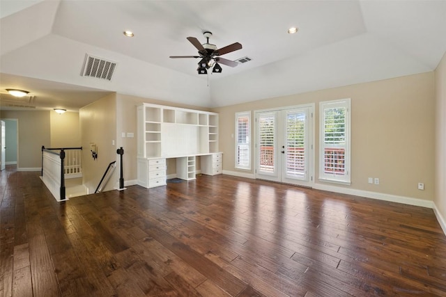 3109 Brigham Ct, Austin, TX 78732 - unfurnished living room with hardwood / wood-style flooring, a ceiling fan, recessed lighting, vaulted ceiling, and french doors