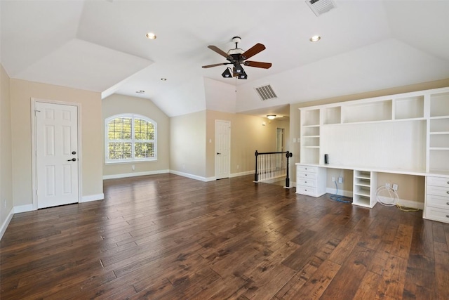 3109 Brigham Ct, Austin, TX 78732 - unfurnished living room with ceiling fan, visible vents, dark wood-style floors, and lofted ceiling