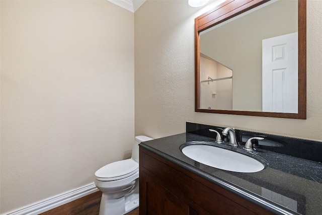 3109 Brigham Ct, Austin, TX 78732 - bathroom with vanity, crown molding, a shower, and wood finished floors