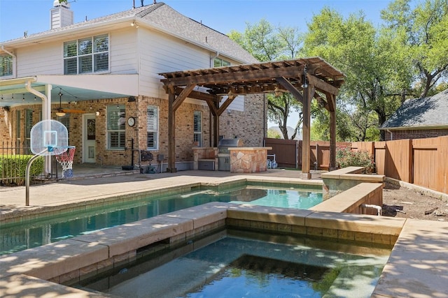 3109 Brigham Ct, Austin, TX 78732 - rear view of property featuring a pergola, brick siding, an outdoor kitchen, a fenced backyard, and a chimney