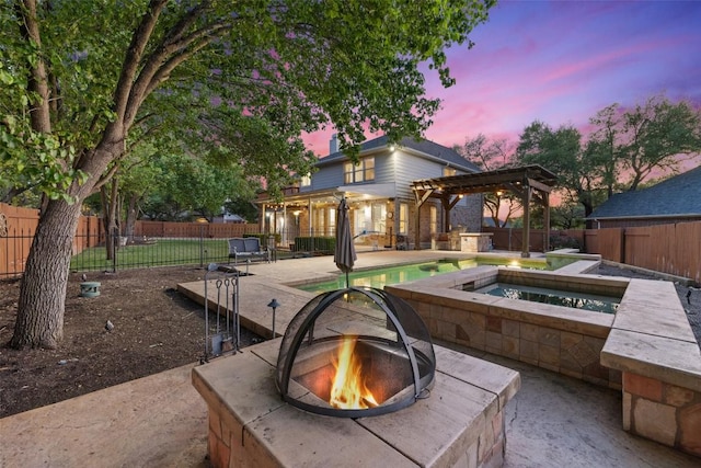 3109 Brigham Ct, Austin, TX 78732 - view of patio / terrace with a fenced in pool, a fenced backyard, an outdoor fire pit, and a pergola