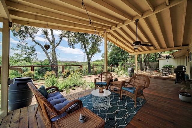 4411 Bilboa Dr, Austin, TX 78759 - wooden deck with a fenced backyard, area for grilling, and ceiling fan