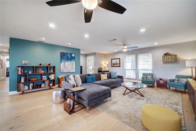 4411 Bilboa Dr, Austin, TX 78759 - living area featuring a ceiling fan, light wood finished floors, and recessed lighting
