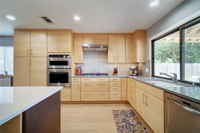 4411 Bilboa Dr, Austin, TX 78759 - kitchen featuring light brown cabinetry, appliances with stainless steel finishes, light wood-type flooring, a sink, and light stone counters