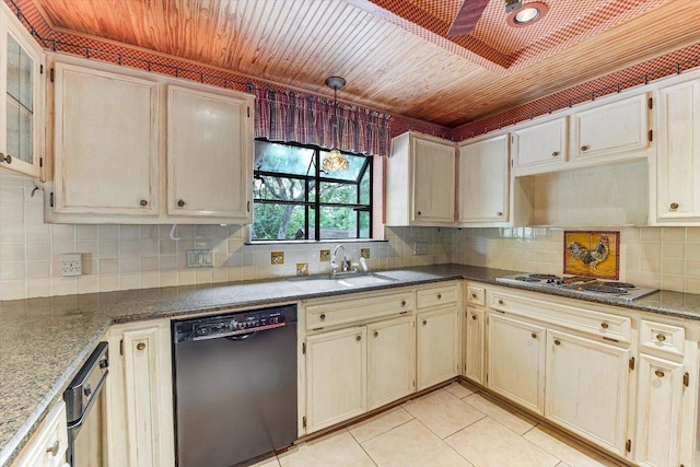 kitchen featuring light tile patterned flooring, dishwasher, wood ceiling, a sink, and cooktop