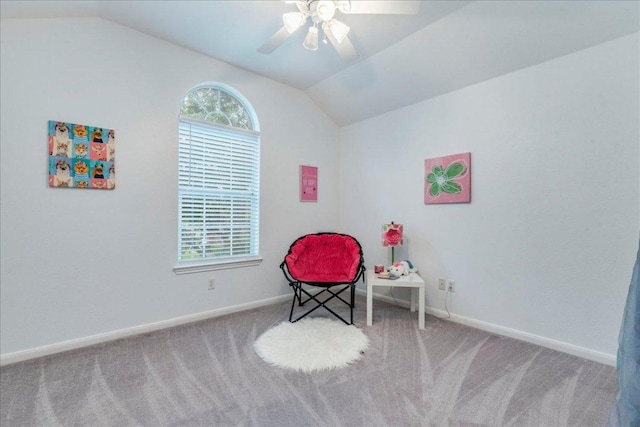 1500 Mexican Heather Ct, Pflugerville, TX 78660 - sitting room featuring vaulted ceiling, carpet floors, ceiling fan, and baseboards